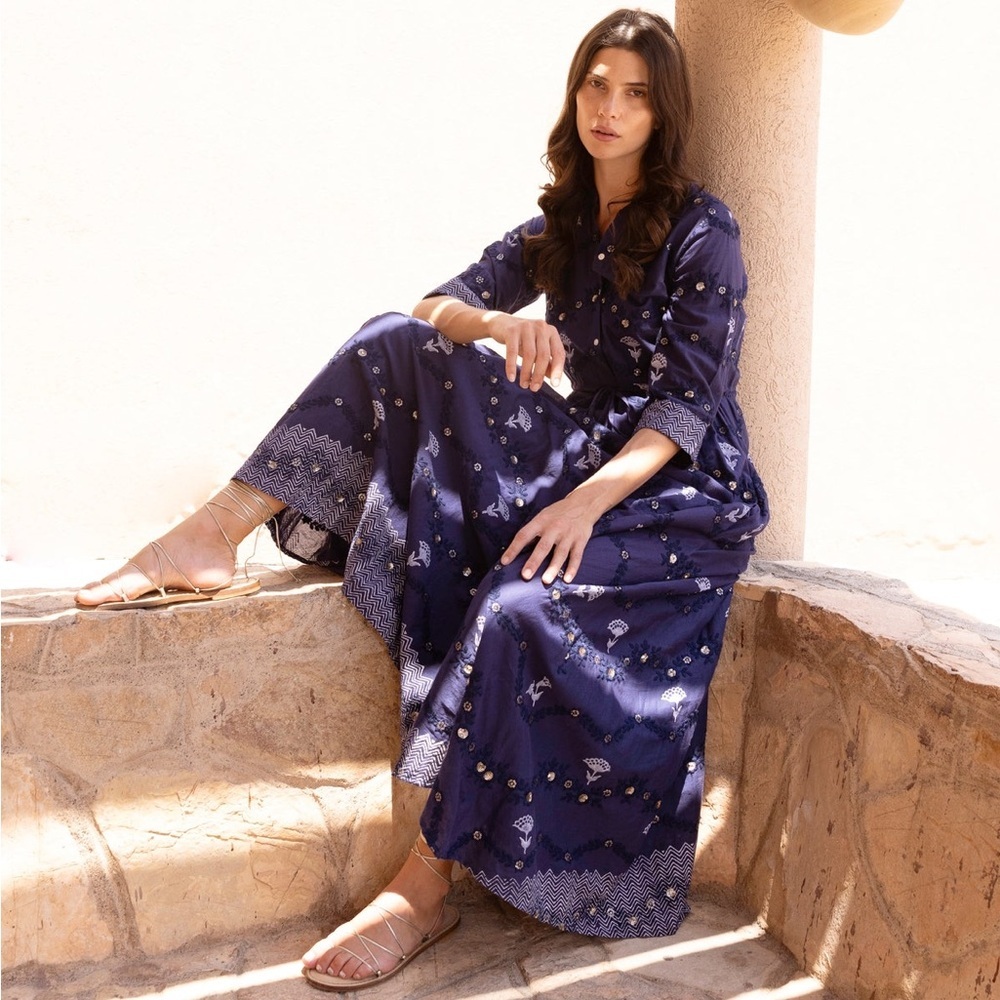 Oliphant Camden Navy Cinched Shirt Maxi Dress • Size M • SOLD OUT • NWOT